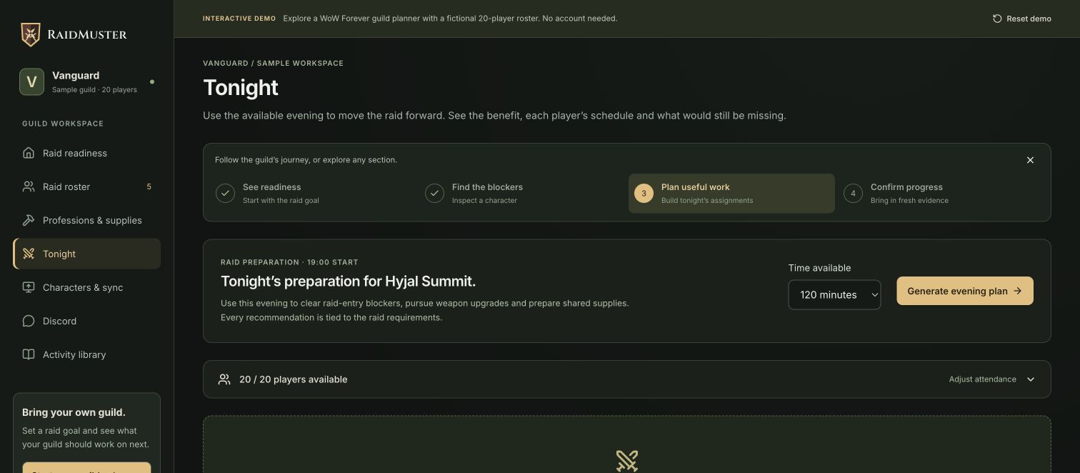 RaidMuster raid-night planning view in the interactive sample guild