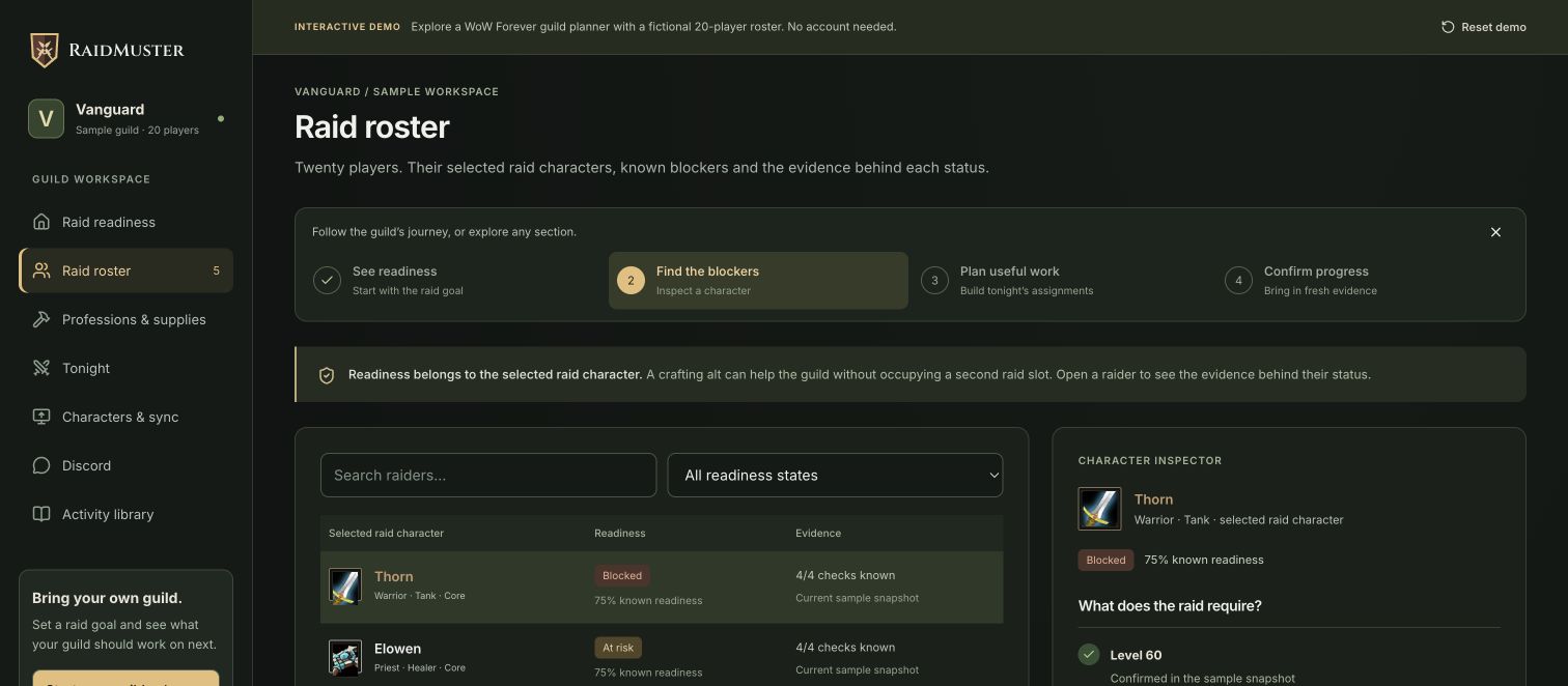 RaidMuster roster view in the interactive sample guild